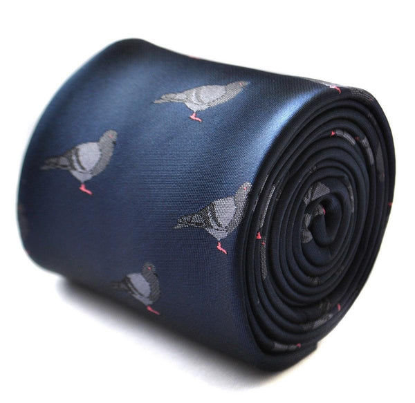 navy tie with grey pigeon embroidered design